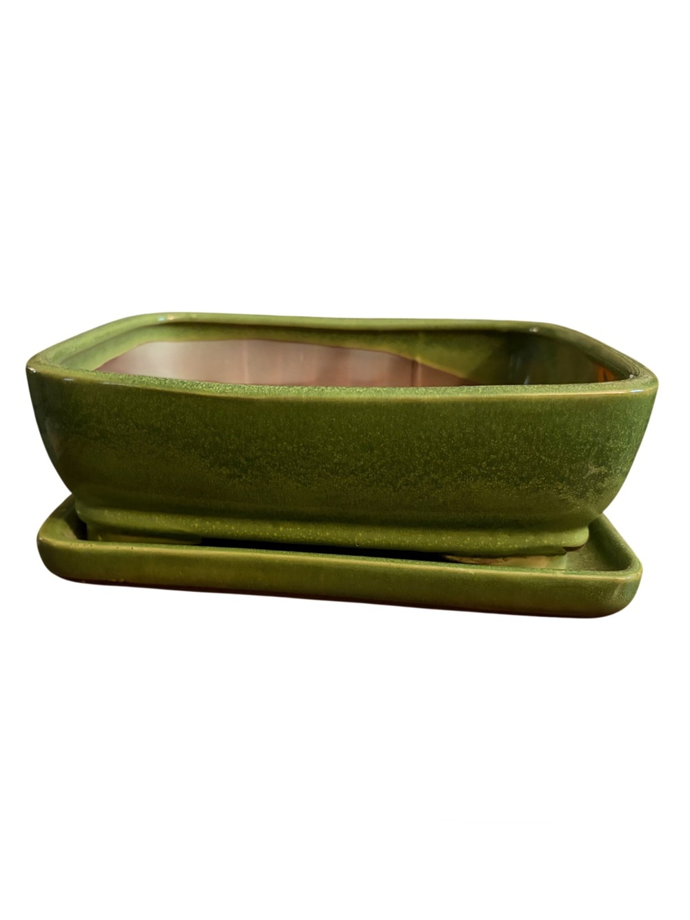 8” Green Ceramic Rectangular Planter with Tray
